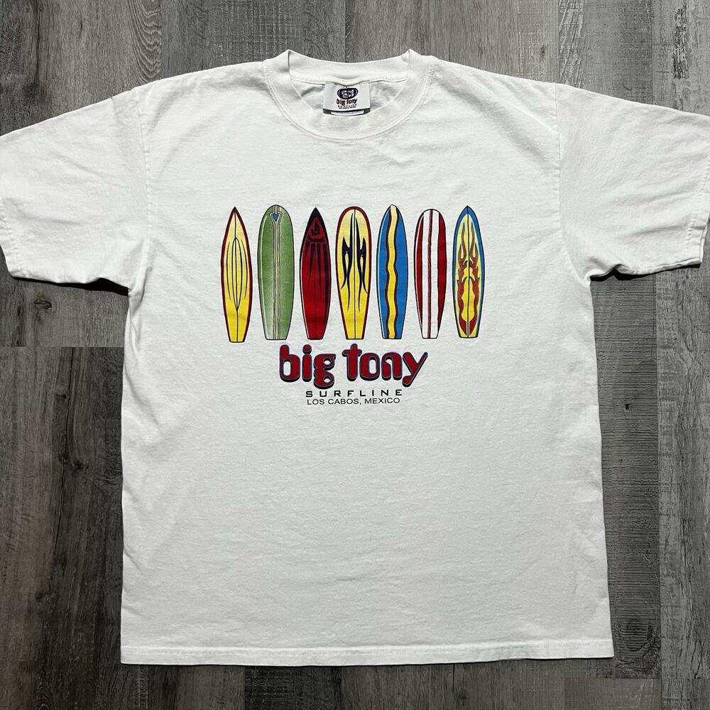 VTG Big Tony Surfline Los Cabo's Mexico White Surfing Surfboard T Shirt Sz Large